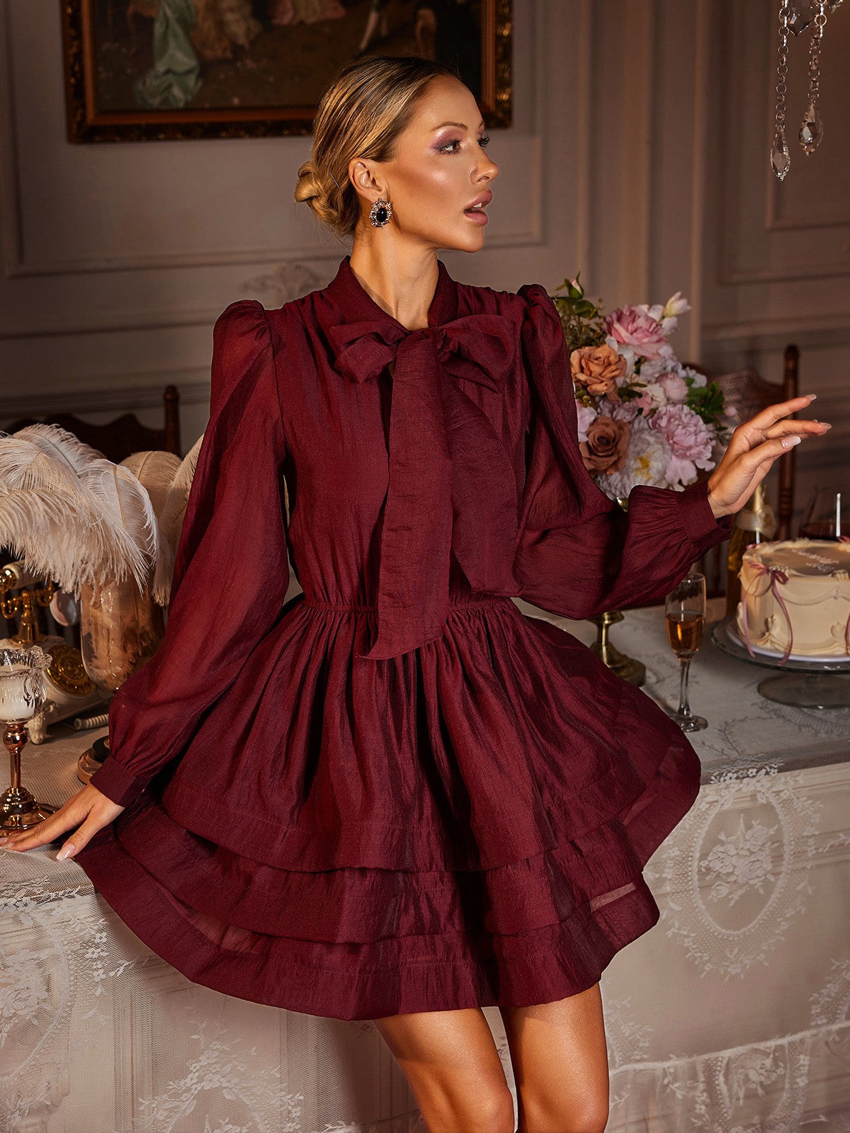 Long Sleeve Bow Ruffle Mini Dress