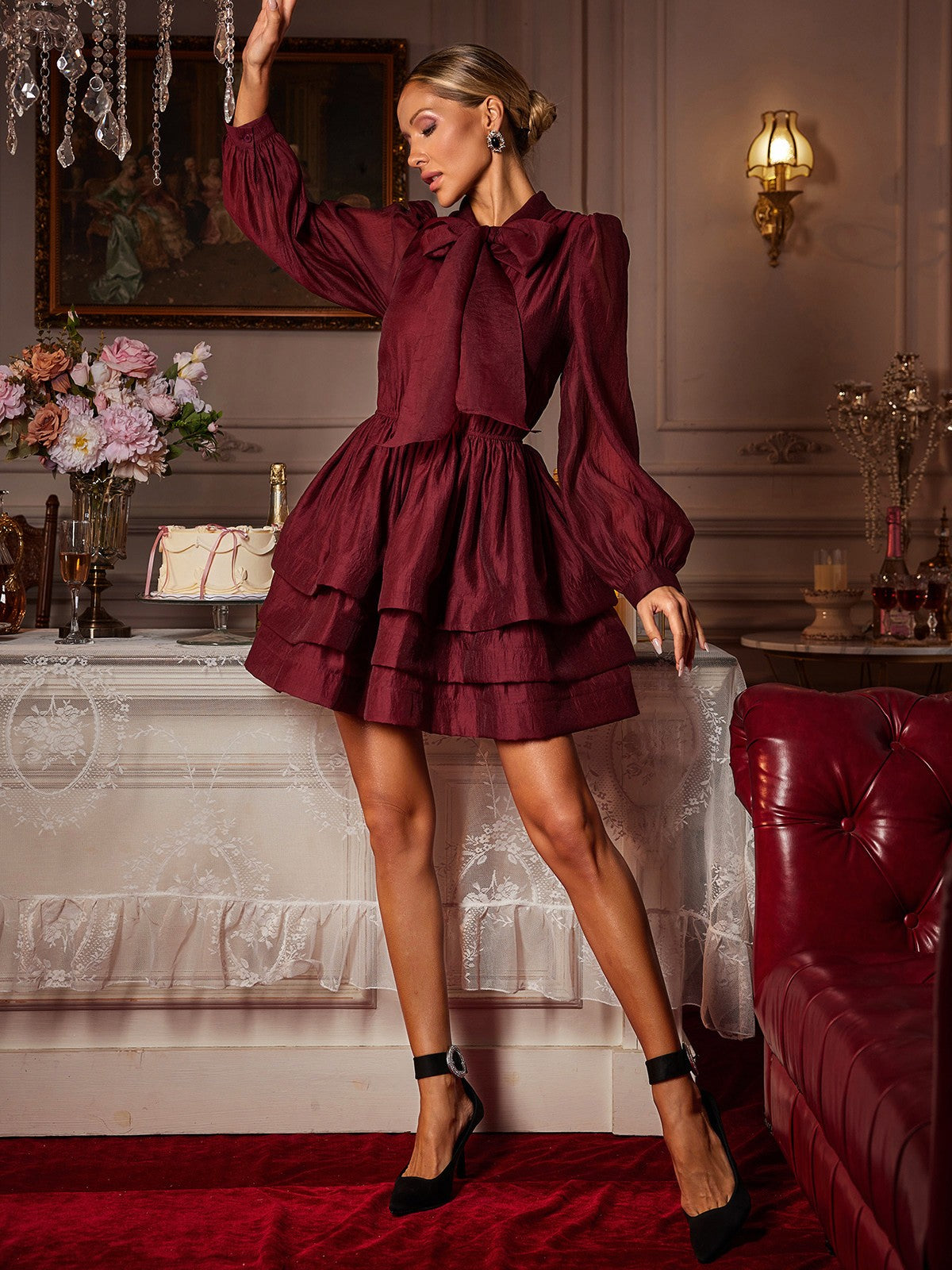Long Sleeve Bow Ruffle Mini Dress