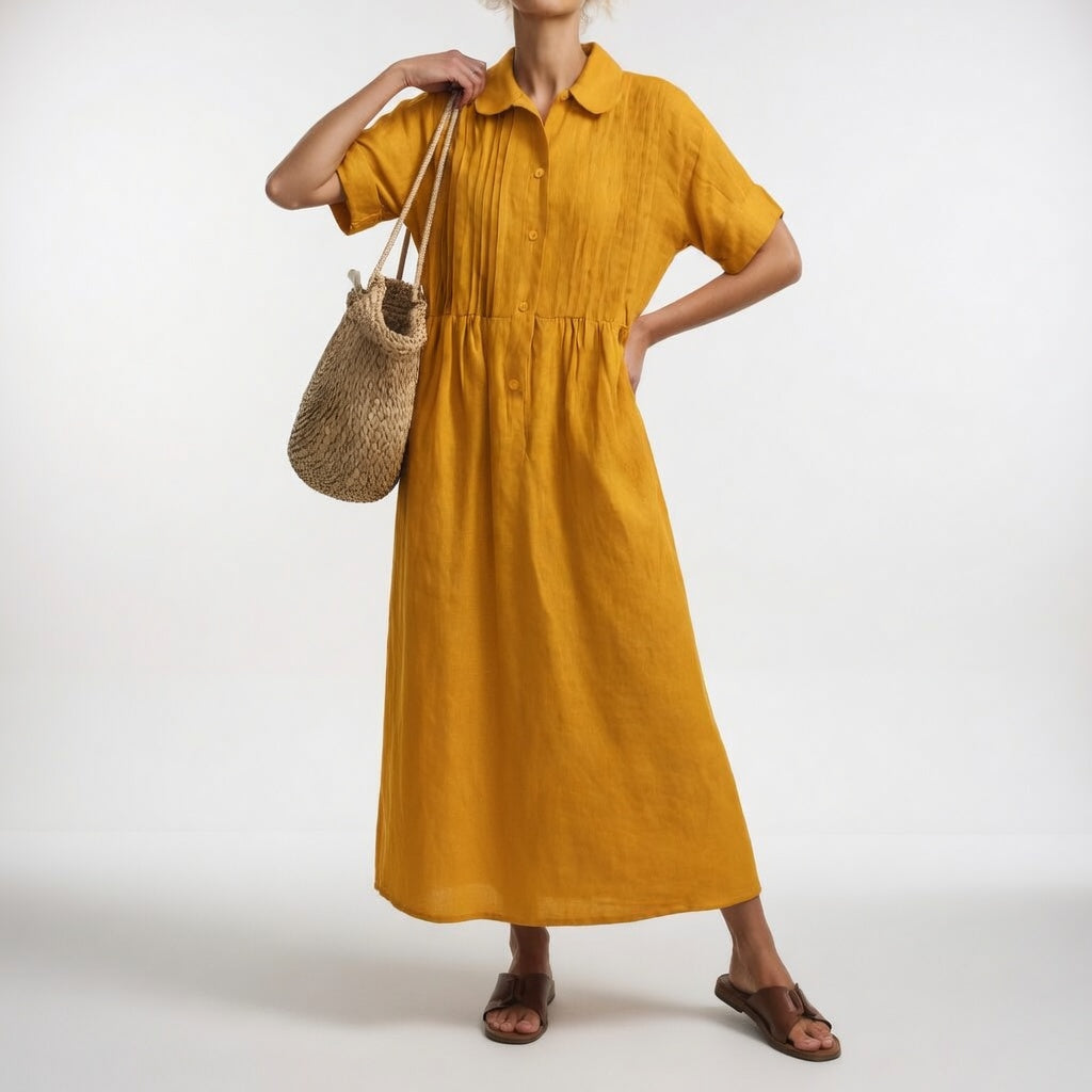 Collared Pintuck Bib Short Sleeve Linen A-Line Maxi Dress 5