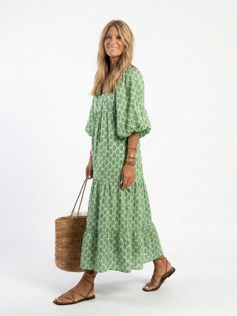 V-Neck Geometric Print Puff Sleeve Tiered A-Line Maxi Dress