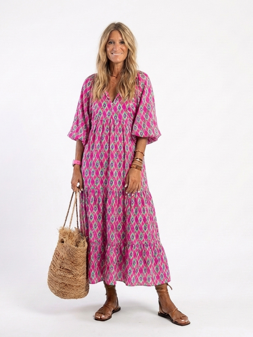 Split Neck Geometric Print Puff Sleeve Tiered Maxi Dress 4