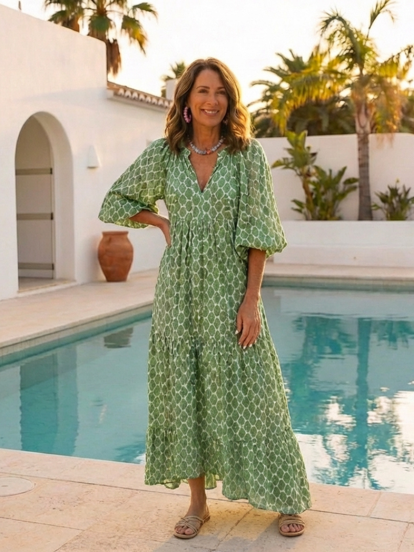 Split Neck Trellis Print Balloon Sleeve Tiered Maxi Dress 8
