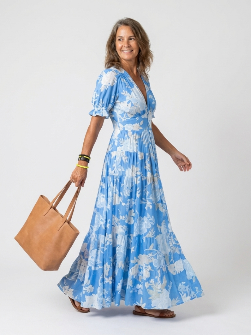 V-Neck Floral Flutter Sleeve Empire Waist Tiered Maxi Dress 4