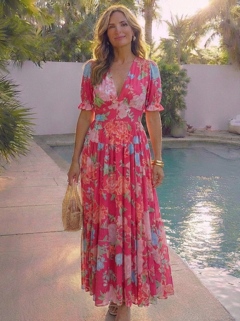 V-Neck Floral Flutter Sleeve Empire Waist Tiered Maxi Dress 7