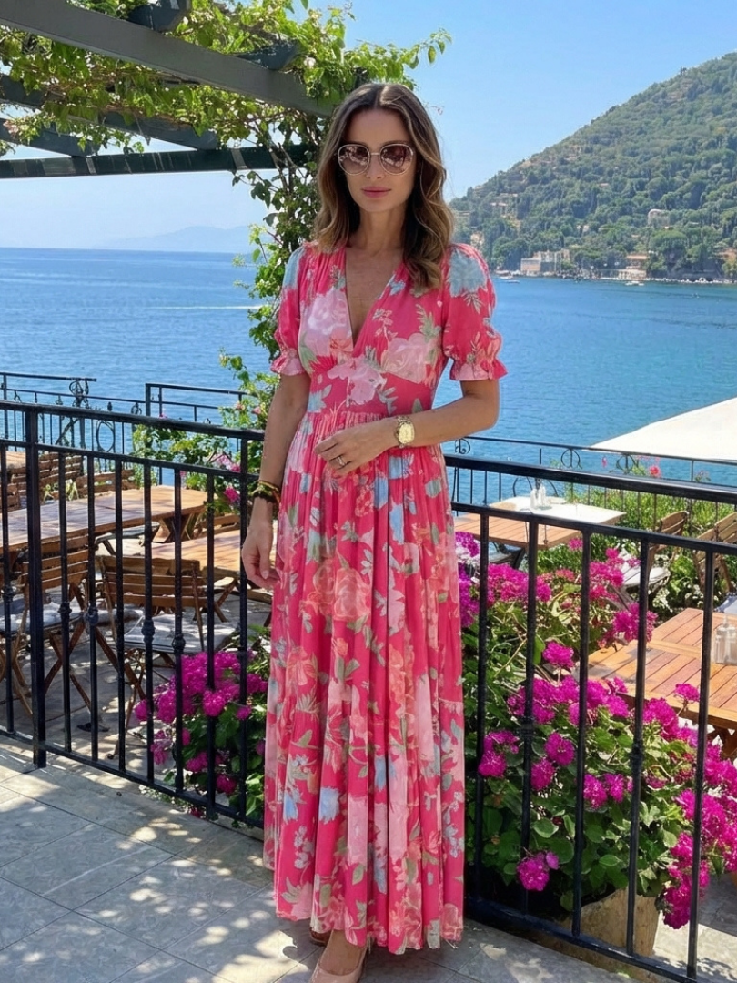 V-Neck Floral Print Flutter Sleeve Empire Waist Tiered Maxi Dress 6
