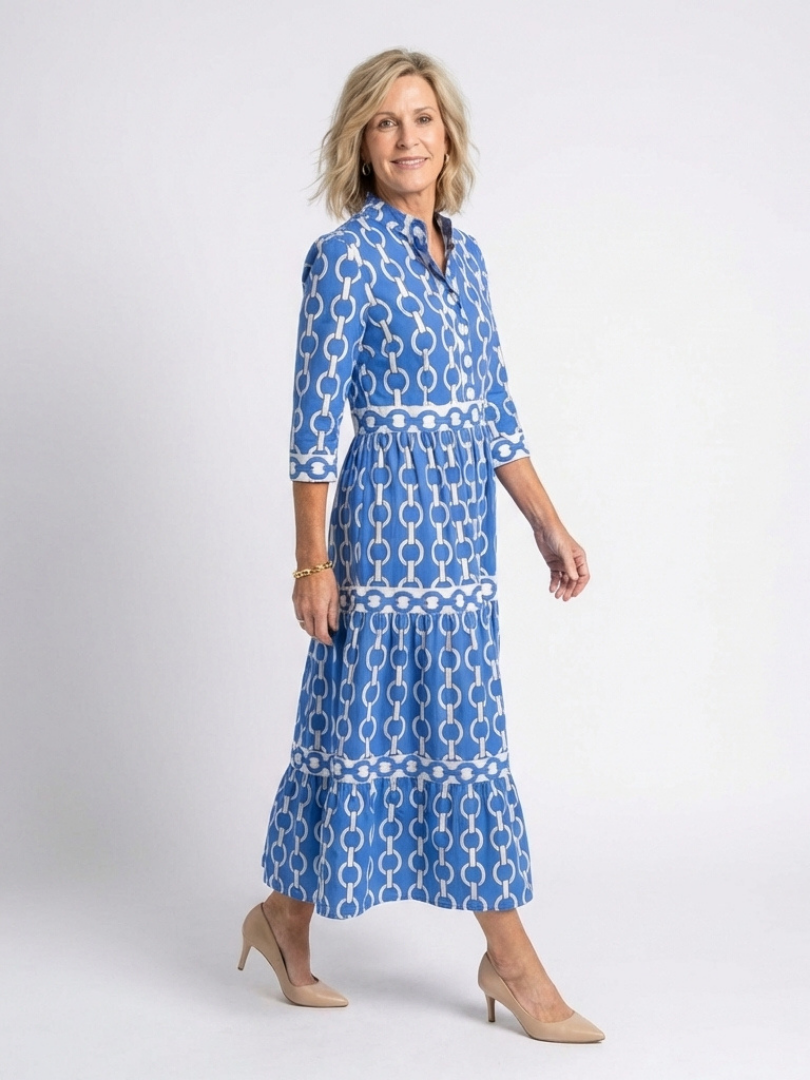 Band Collar Chain Print Three Quarter Sleeve Tiered Maxi Dress