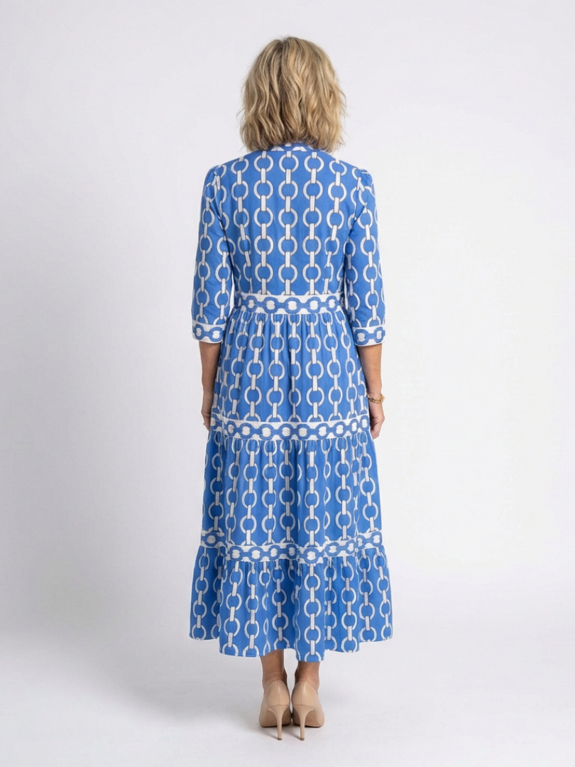 Band Collar Chain Print Three Quarter Sleeve Tiered Maxi Dress