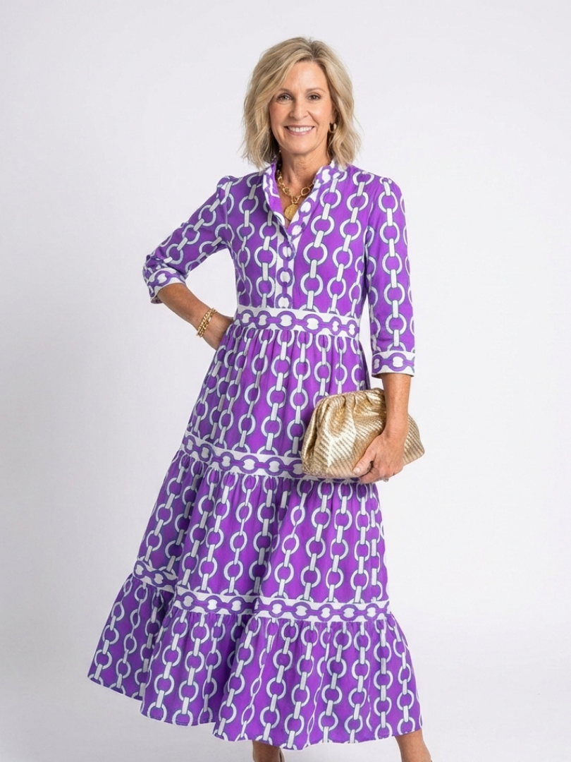 Band Collar Chain Print Three Quarter Sleeve Tiered Maxi Dress
