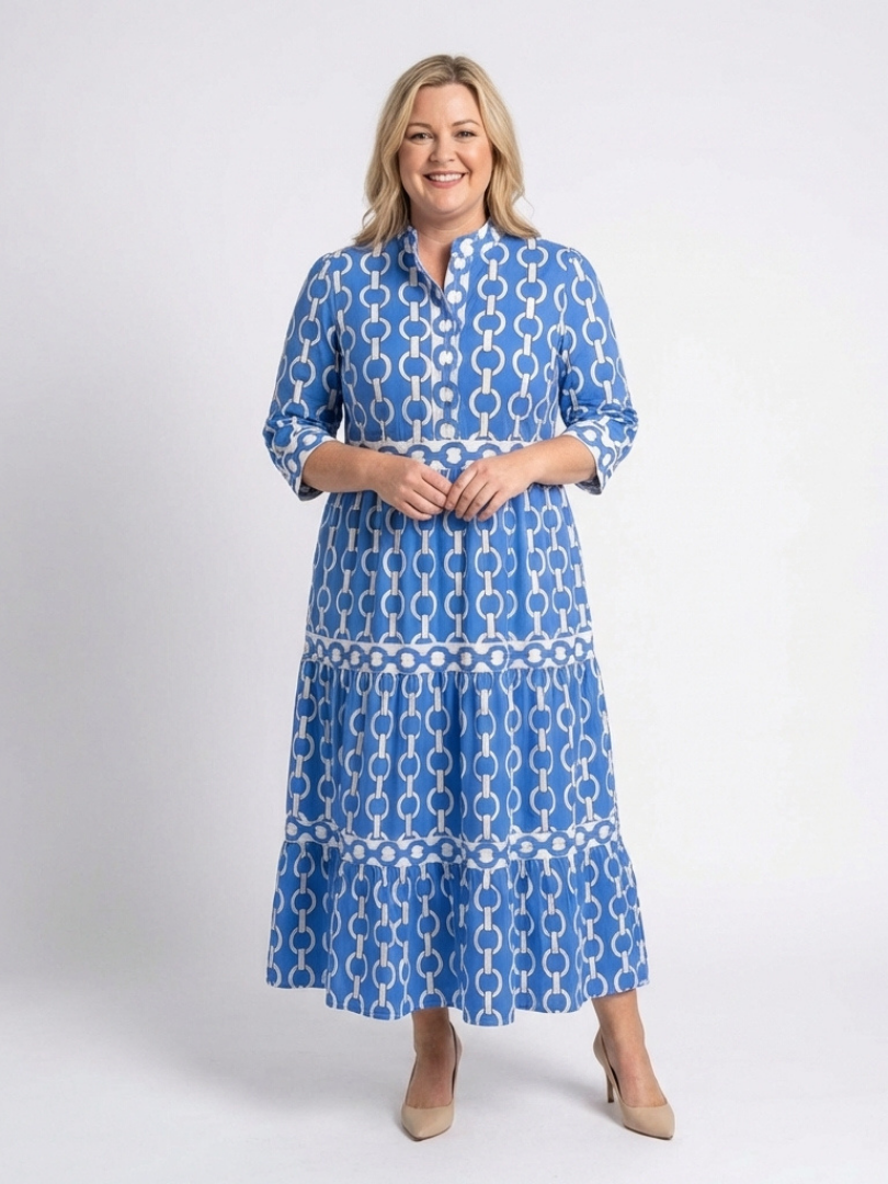 Stand Collar Chain Link Print Three Quarter Sleeve Tiered Maxi Dress