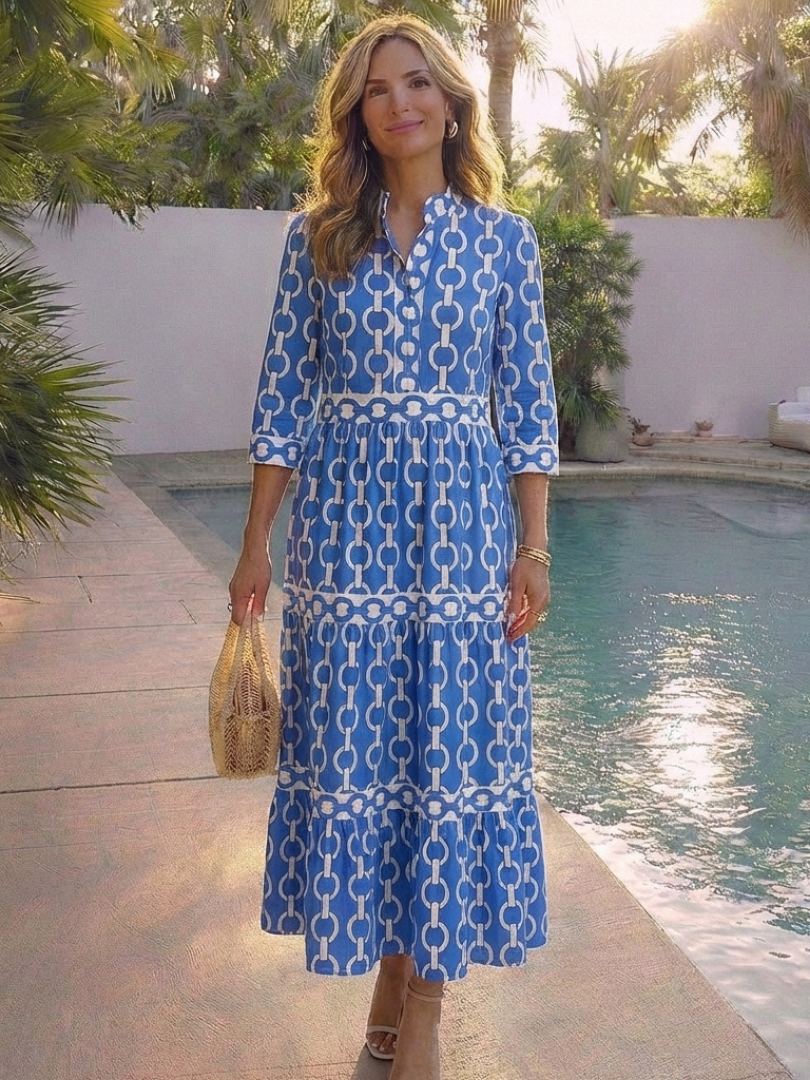 Stand Collar Chain Link Print Three Quarter Sleeve Tiered Maxi Dress