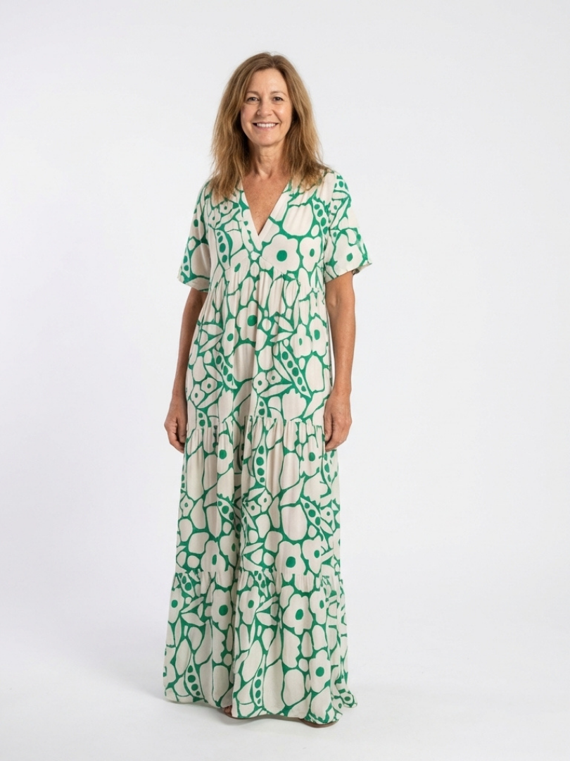 V-Neck Floral Short Sleeve Tiered A-Line Maxi Dress