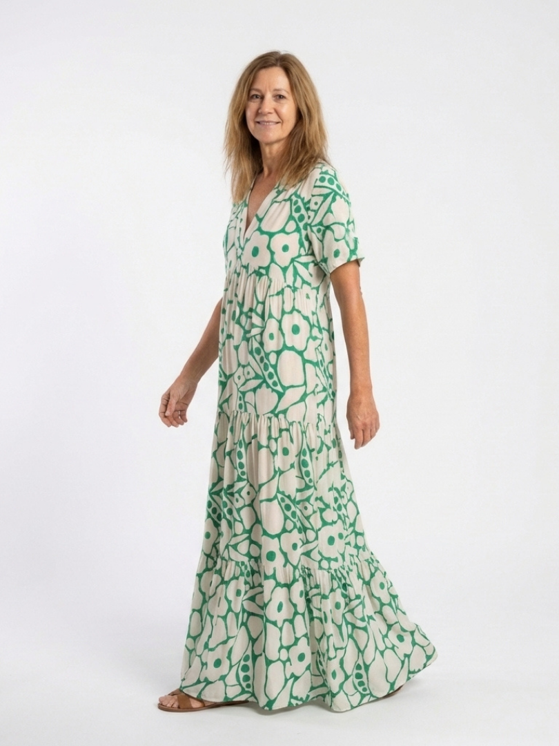 V-Neck Floral Short Sleeve Tiered A-Line Maxi Dress 2