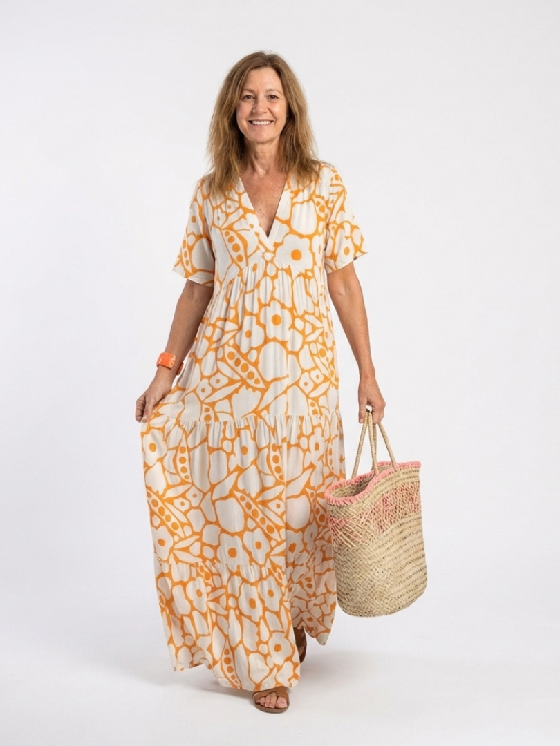 V-Neck Floral Short Sleeve Tiered A-Line Maxi Dress 4
