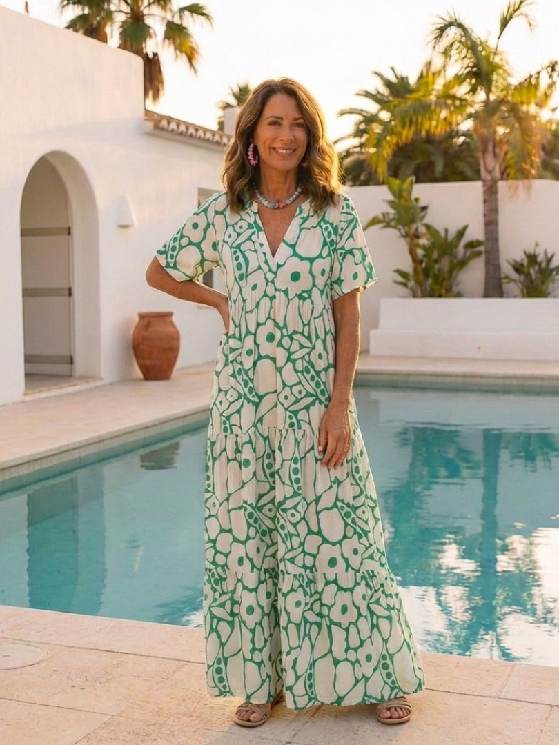 V-Neck Floral Short Sleeve Tiered A-Line Maxi Dress 5