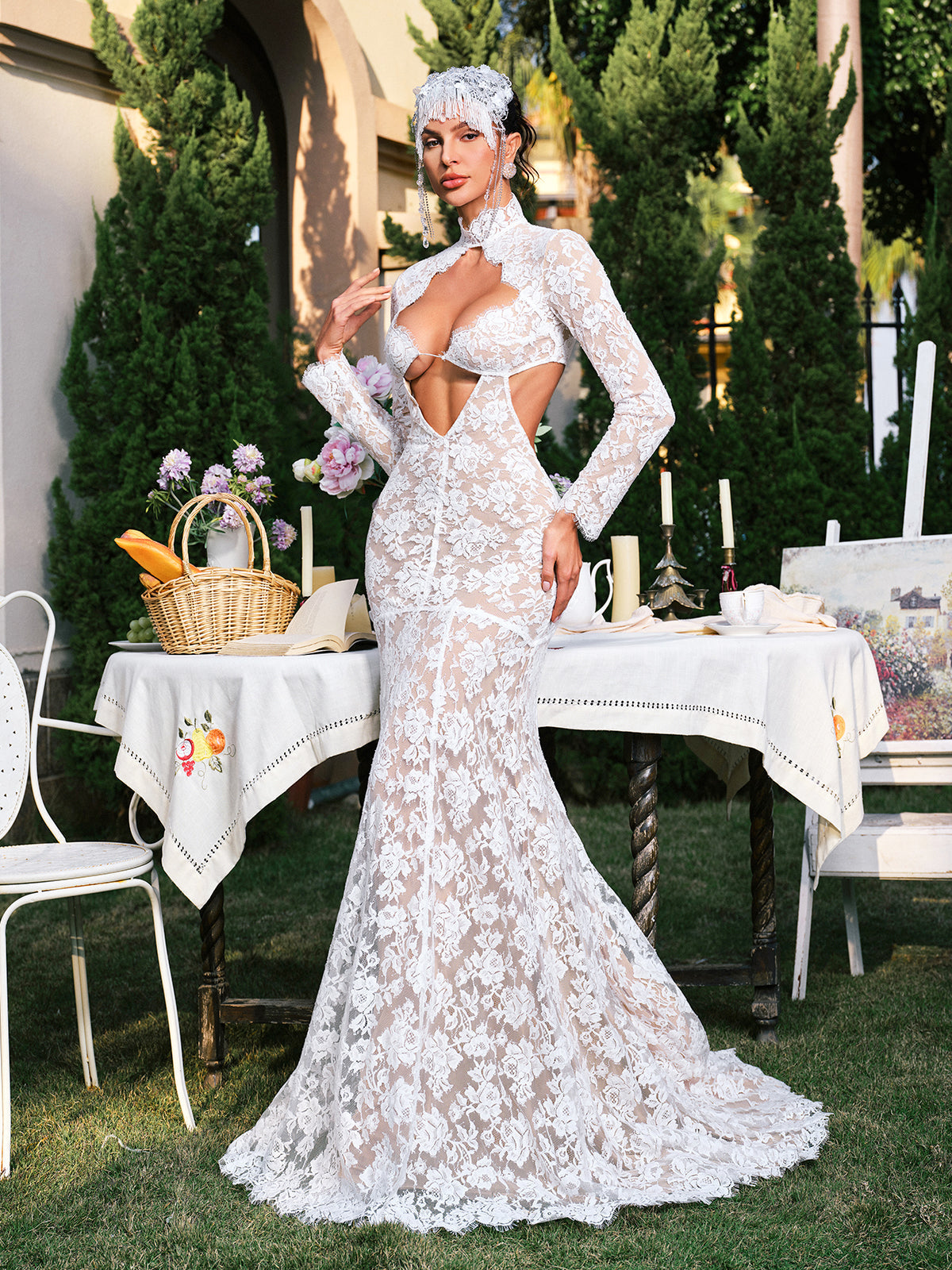 Long Sleeve Flower Cutout Lace Maxi Dress