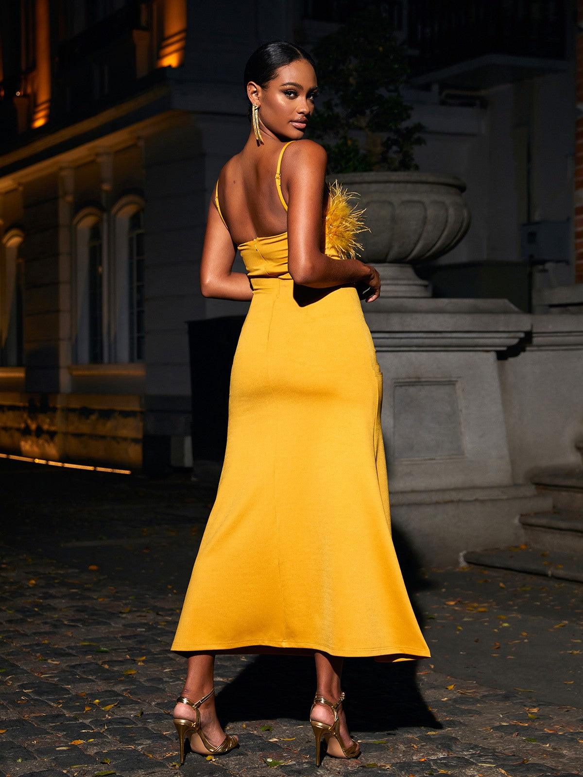 Spaghetti Strap Feather Trim Bodycon Mermaid Maxi Dress 5