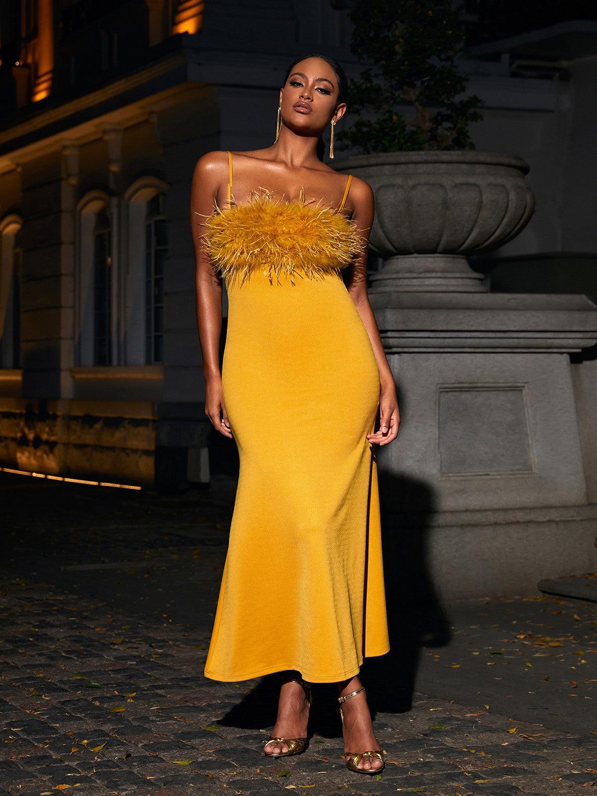 Spaghetti Strap Feather Trim Bodycon Mermaid Maxi Dress 4
