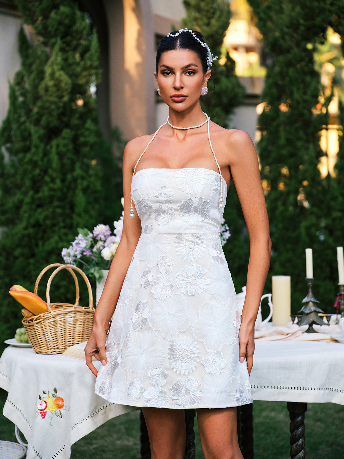 Strapless Floral Embroidered Mini Dress