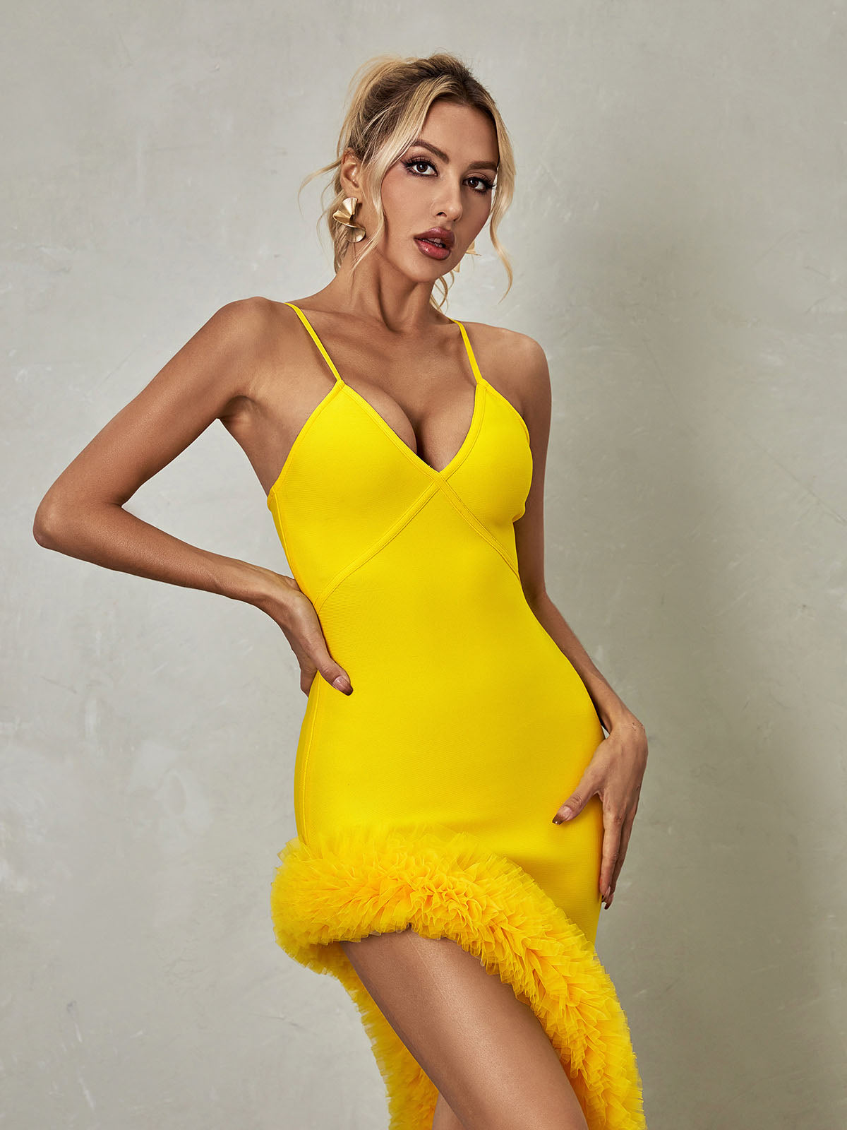 Spaghetti Strap V-Neck Ruffle Hem Asymmetric Bandage Midi Dress