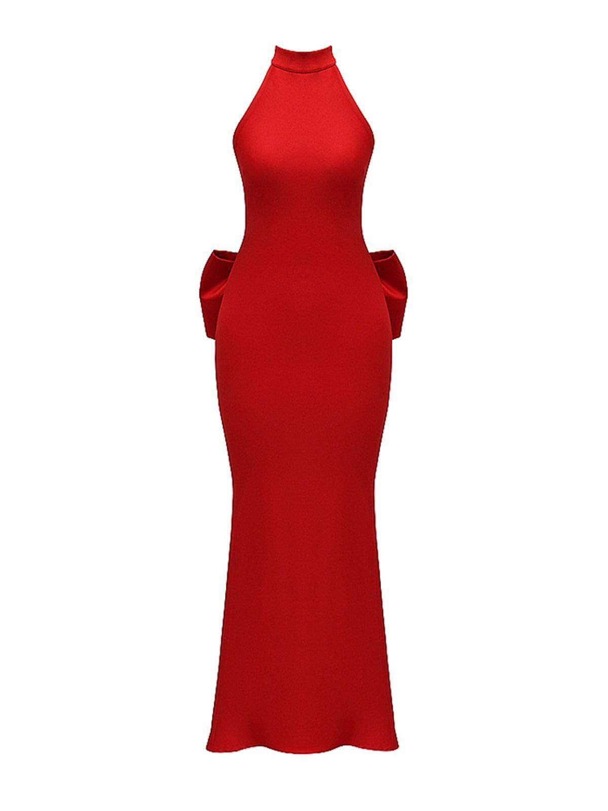 Halter Neck Backless Satin Bow Back Bodycon Maxi Dress 6