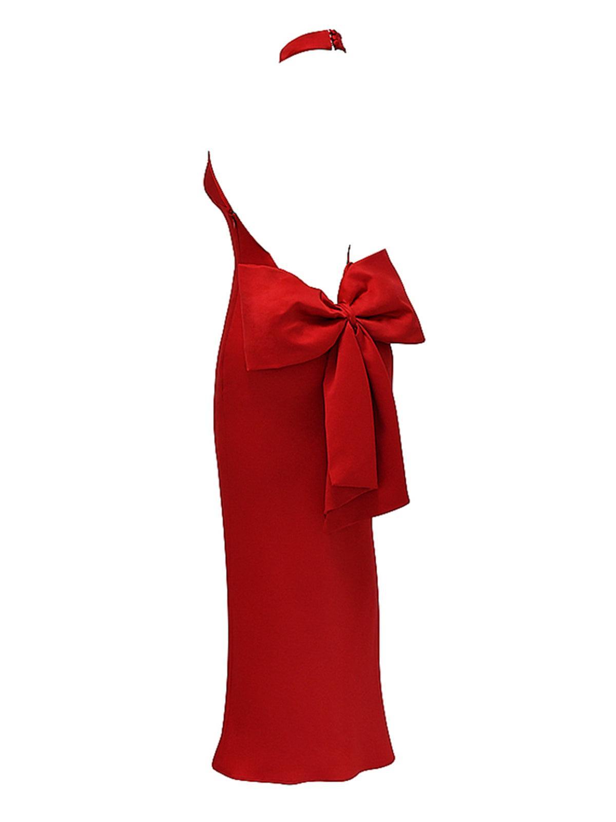 Halter Neck Backless Satin Bow Back Bodycon Maxi Dress 7