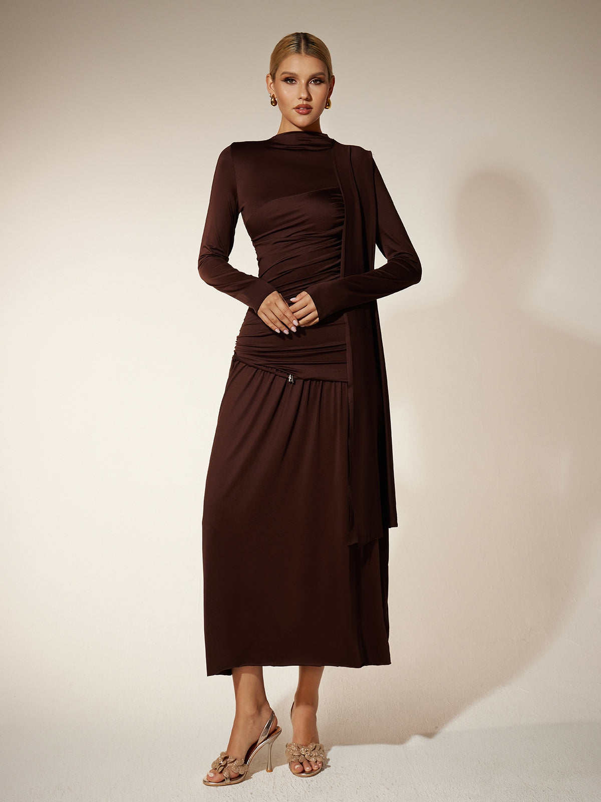 Long Sleeve Ruched Draped Midi Dress