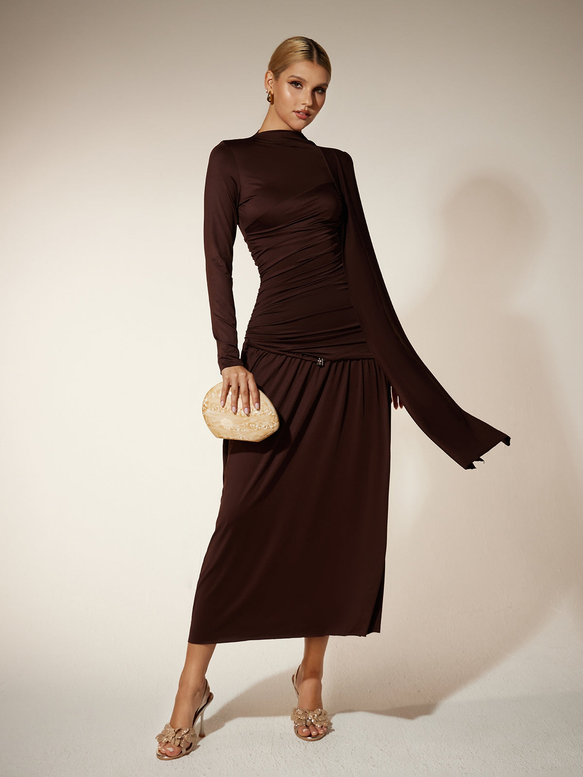 Long Sleeve Ruched Draped Midi Dress