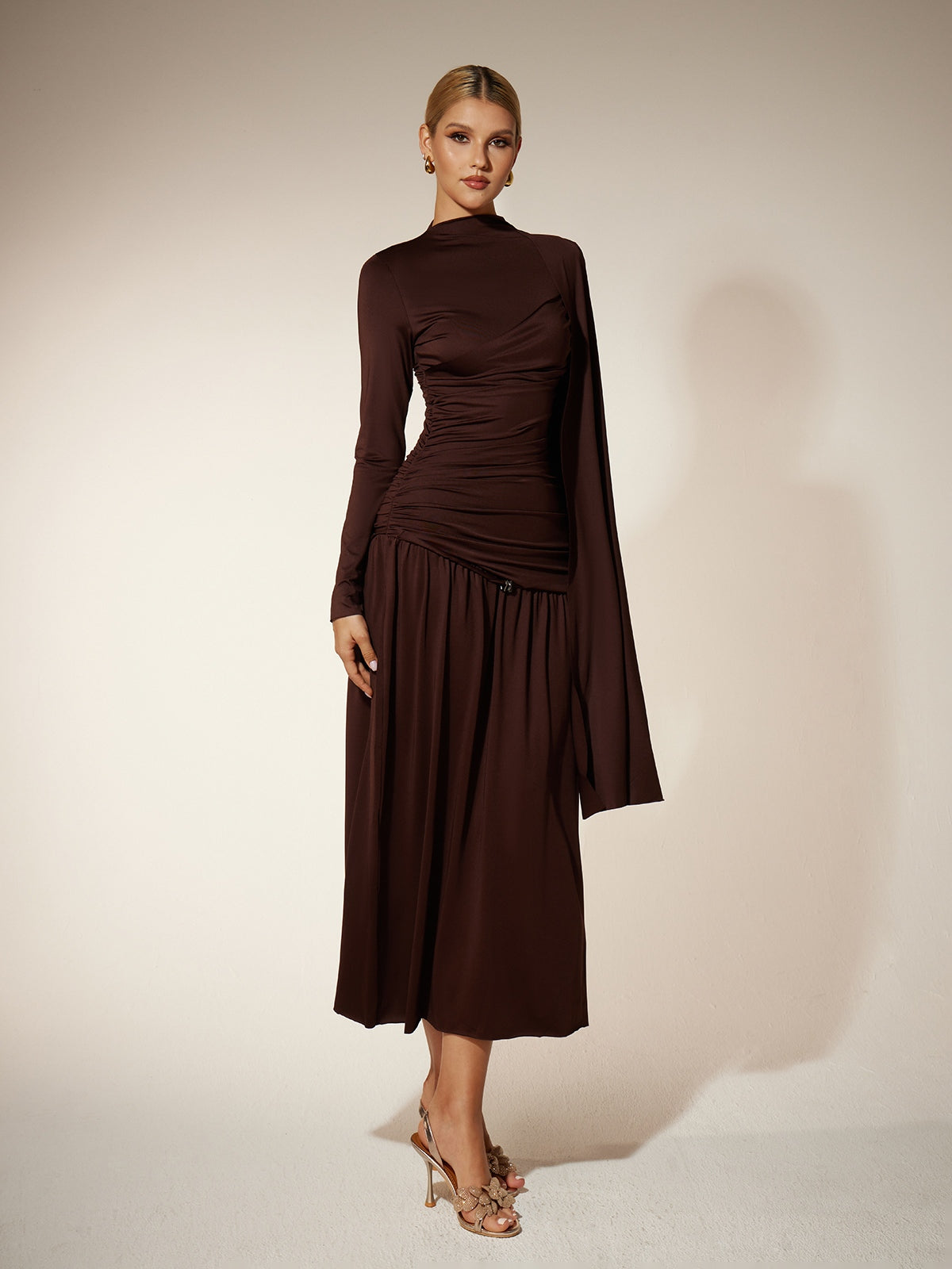 Long Sleeve Ruched Draped Midi Dress