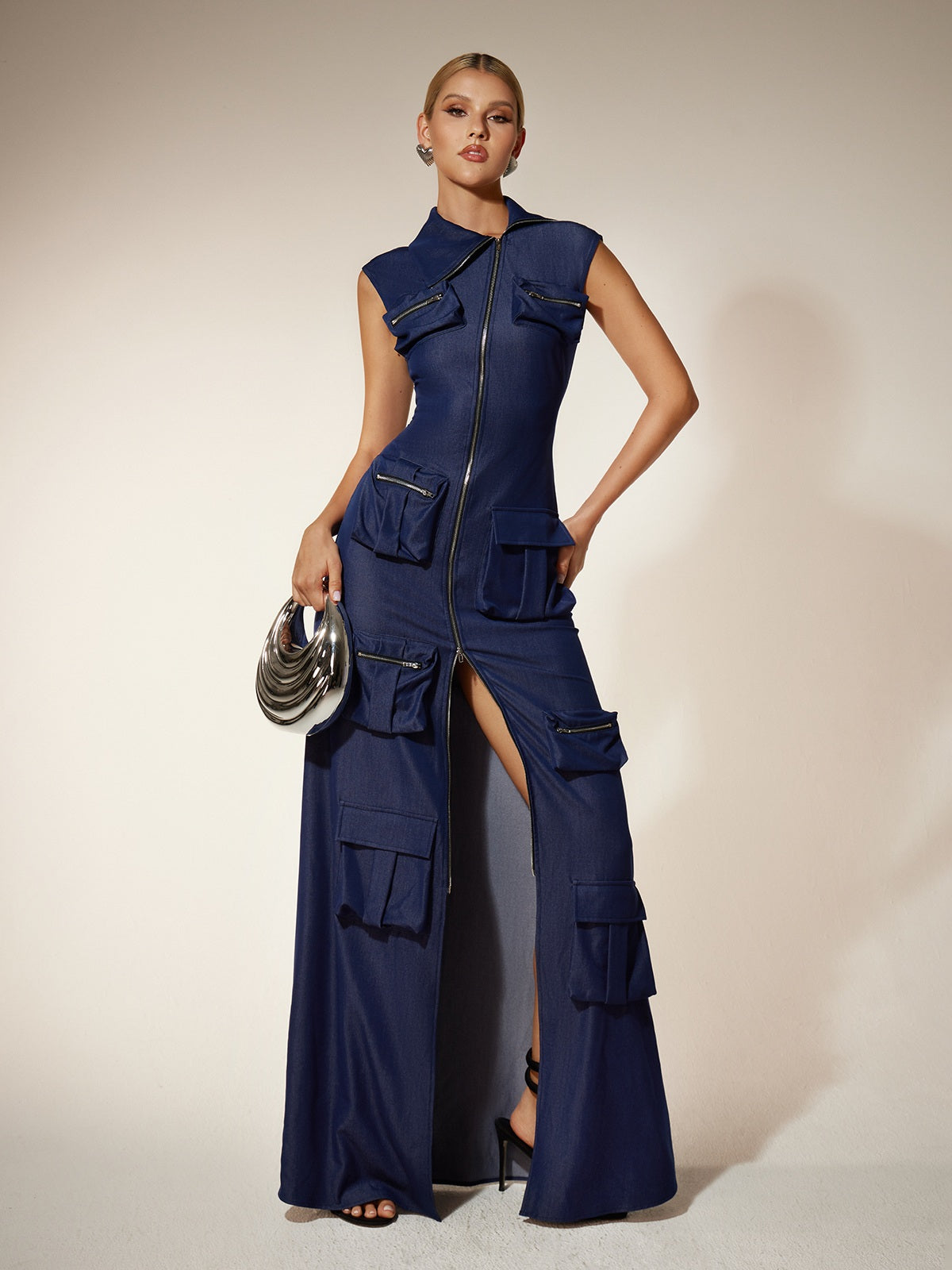 Zipper Utility Pocket Maxi Dress