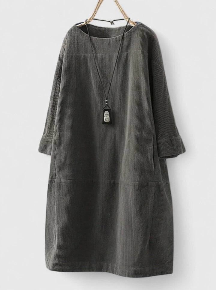 Round Neck Long Sleeve Corduroy Pocket Shift Midi Dress