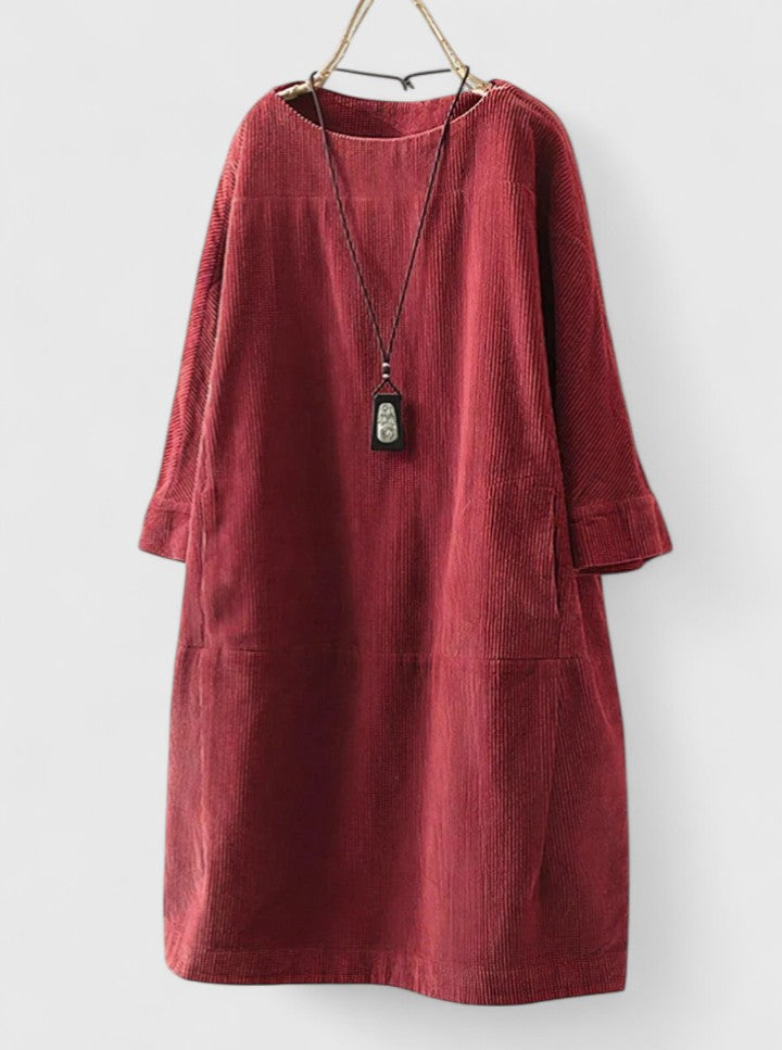 Round Neck Long Sleeve Corduroy Pocket Shift Midi Dress