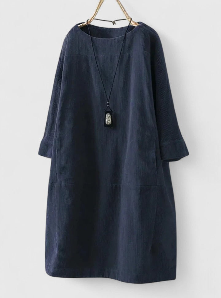 Round Neck Long Sleeve Corduroy Pocket Shift Midi Dress