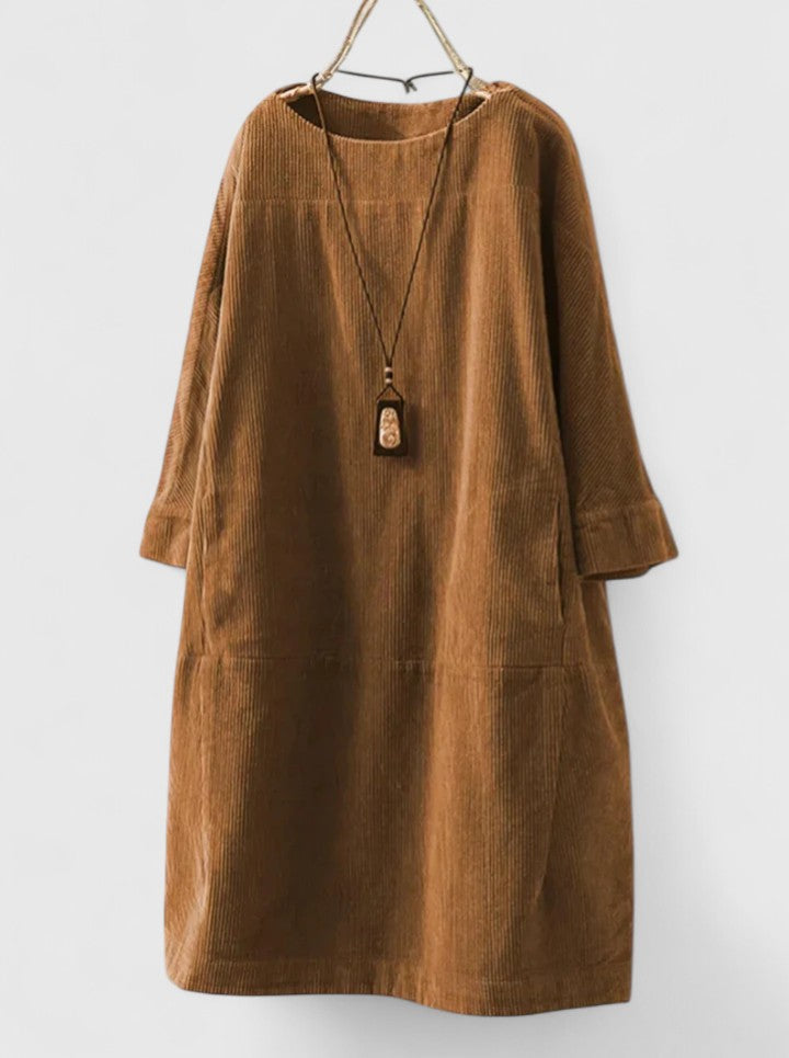 Round Neck Long Sleeve Corduroy Pocket Shift Midi Dress