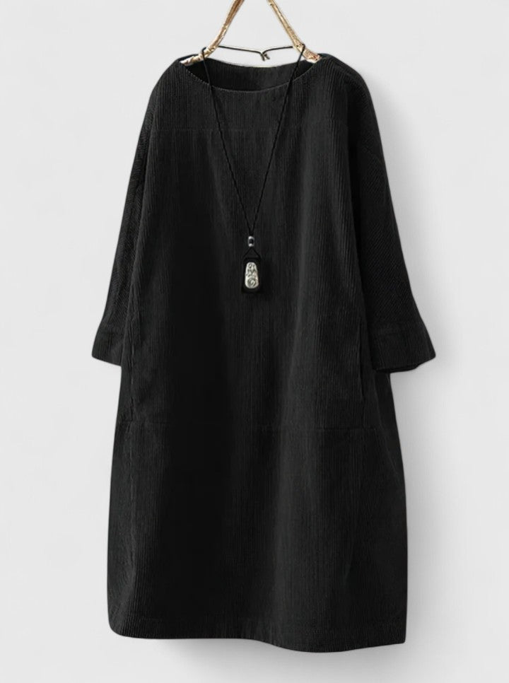 Round Neck Long Sleeve Corduroy Pocket Shift Midi Dress