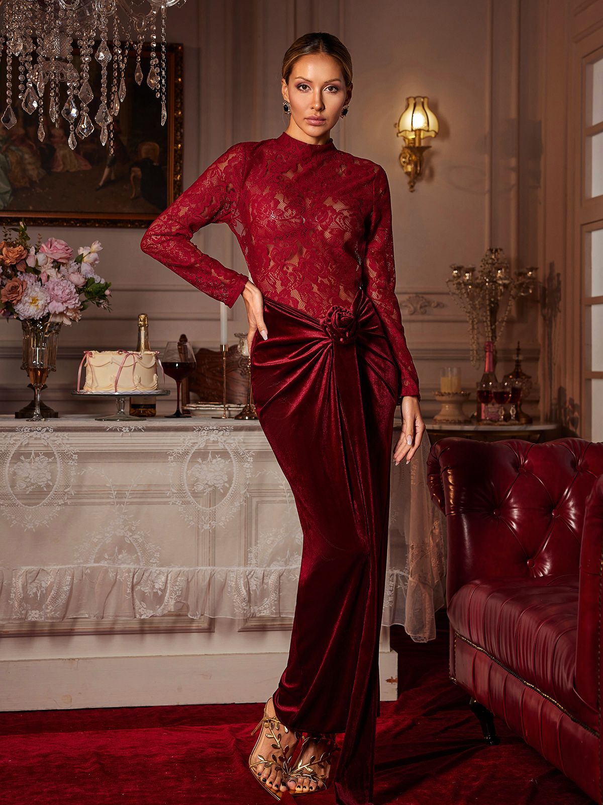 Flower Ruched Split Lace Velvet Maxi Dress