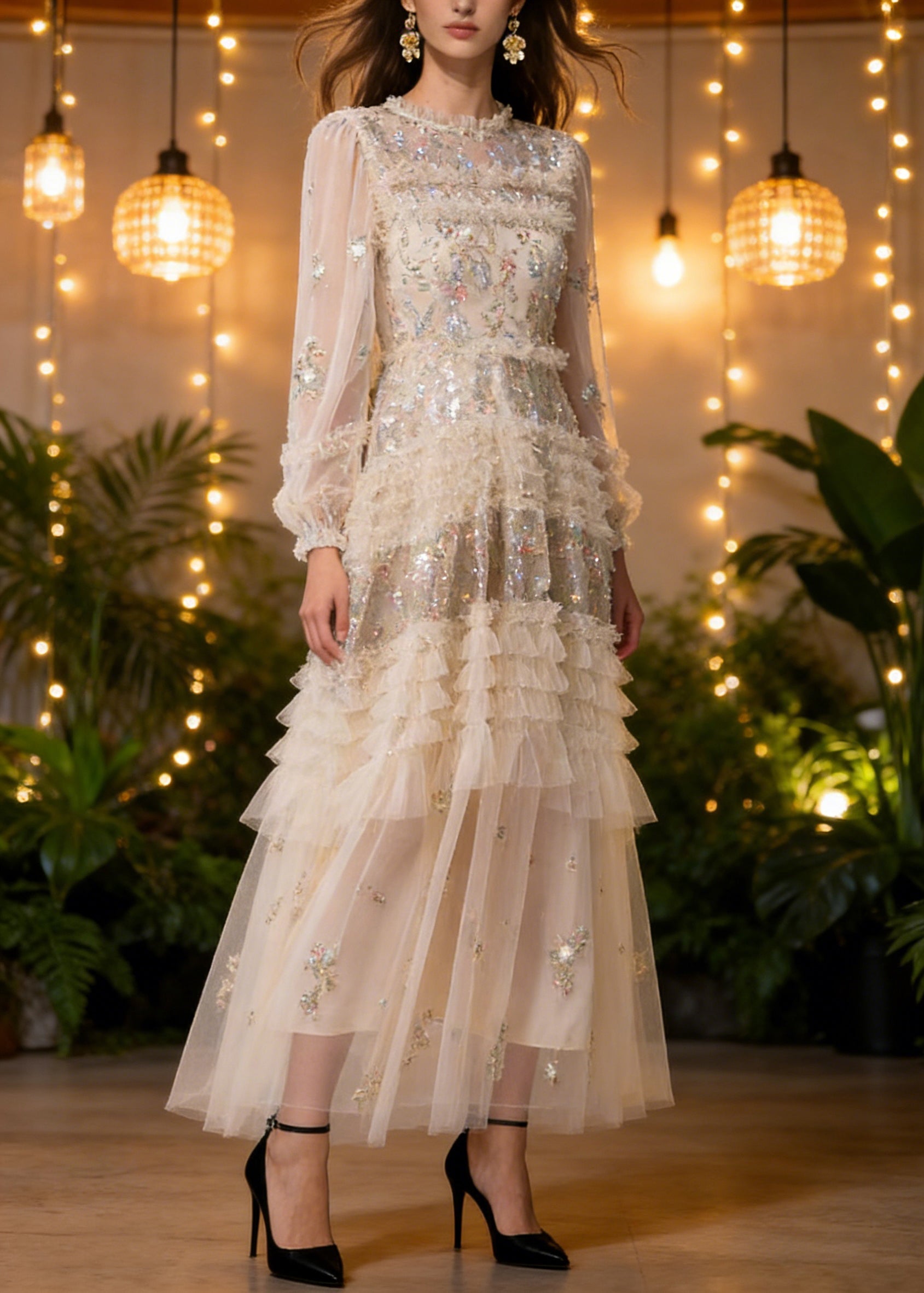 Elegant Apricot Embroidered Ruffled Patchwork Tulle Long Dresses Spring