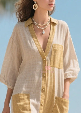 Elegant Beige V Neck Patchwork Tulle Maxi Dresses Bracelet Sleeve