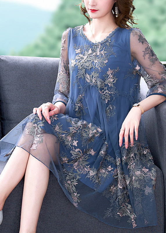 Elegant Blue O-Neck Print Patchwork Tulle Vacation Dresses Half Sleeve