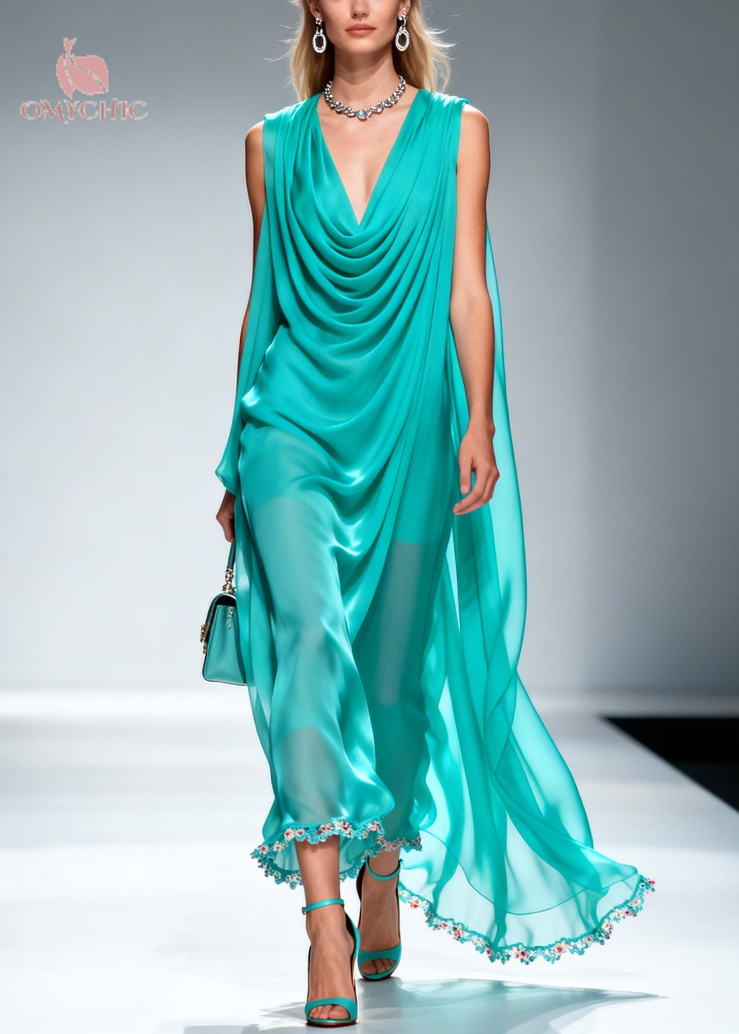 Elegant Blue Wrinkled Draping Chiffon Long Dress Summer