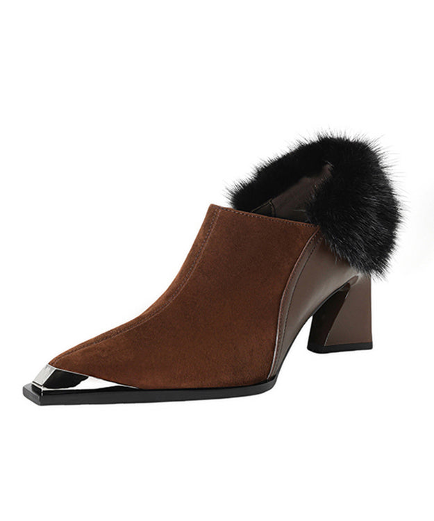 Suede Fuzzy Fur Trim Metal Pointed Toe Chunky Heels