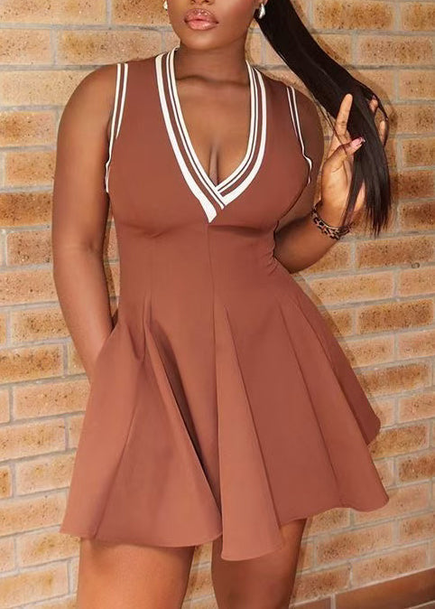 Elegant Brown V Neck Cotton A Line Dresses Summer