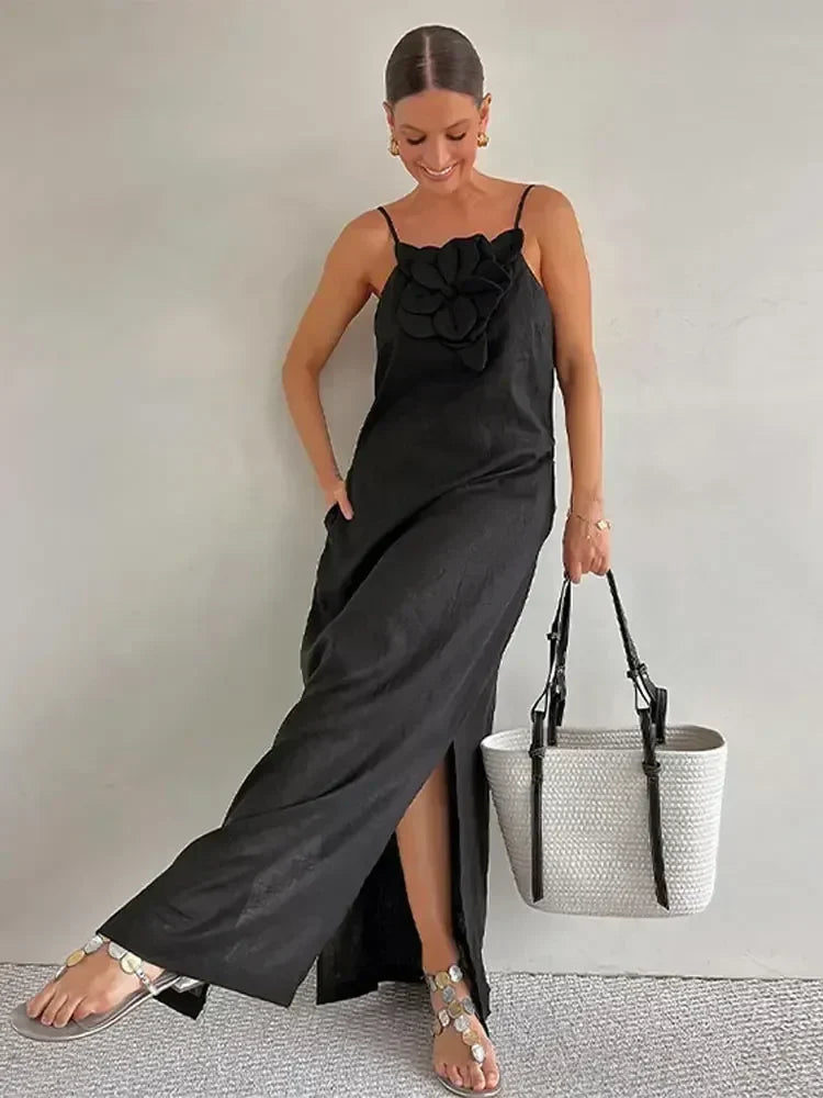 Cotton Linen Split 3D Flower Solid Sling Maxi Dress