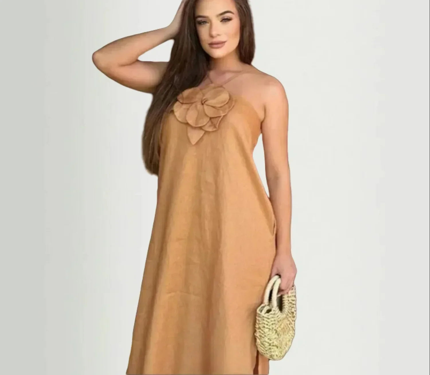 Cotton Linen Split 3D Flower Solid Sling Maxi Dress Khaki / S floraldress-250126