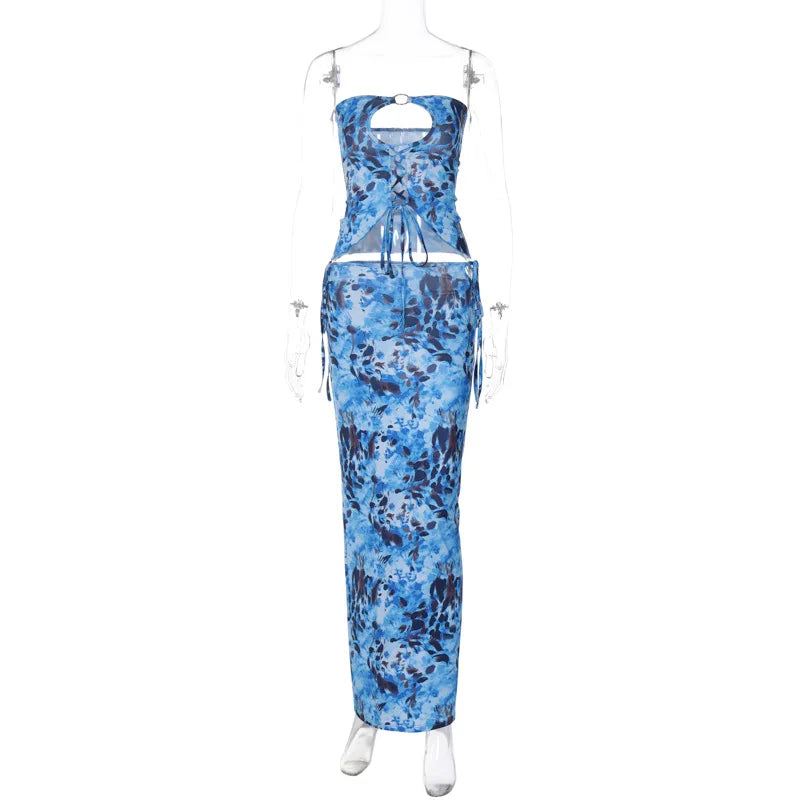 Fashion Print Sexy Cut Out Strapless Lace Up Maxi Dress