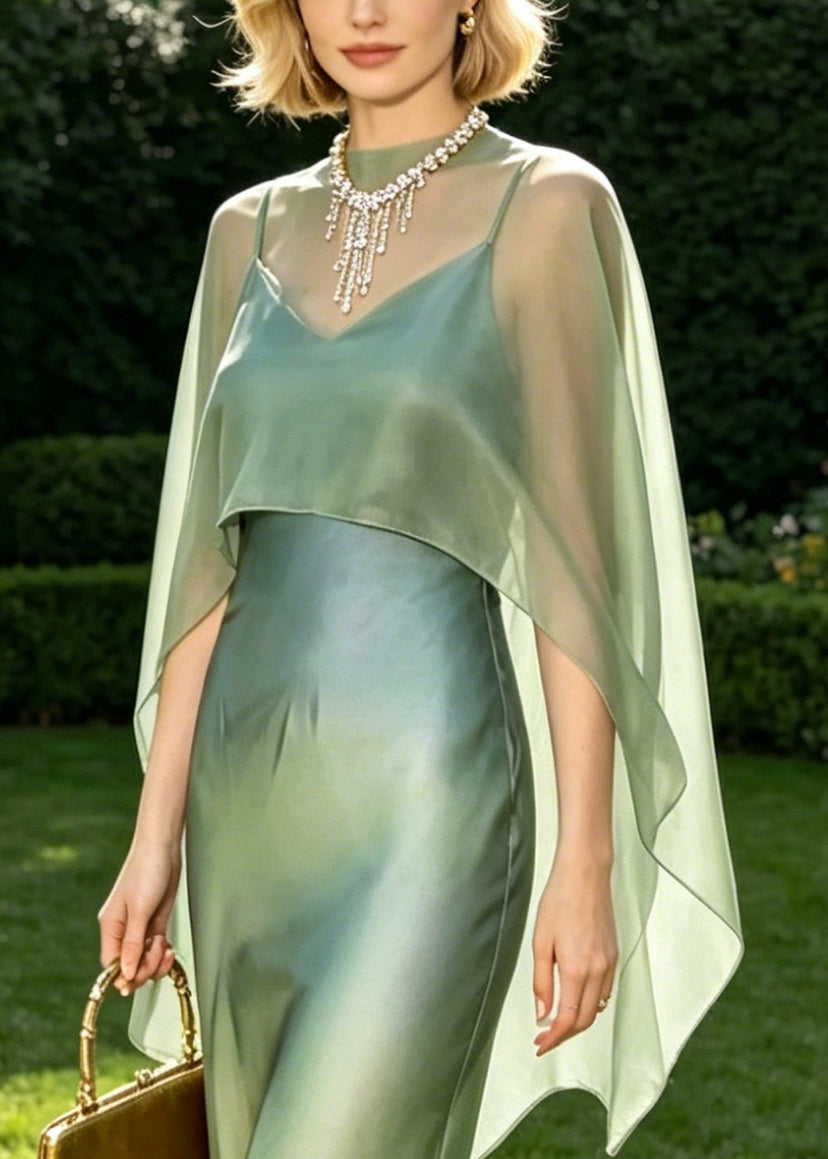 Elegant Green Tie Dye Draping Chiffon Oriental Dress 2 Piece Outfit Summer