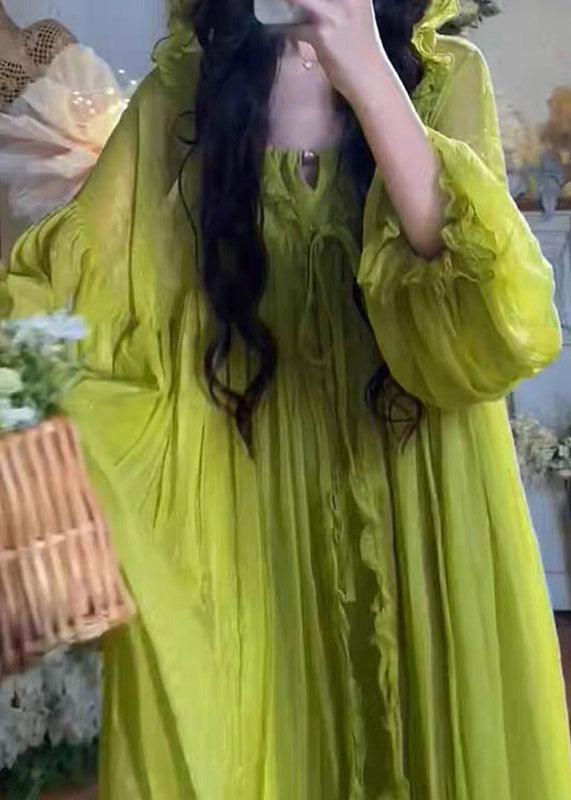 Elegant Green V Neck Ruffled Hooded Chiffon Maxi Dress Spring