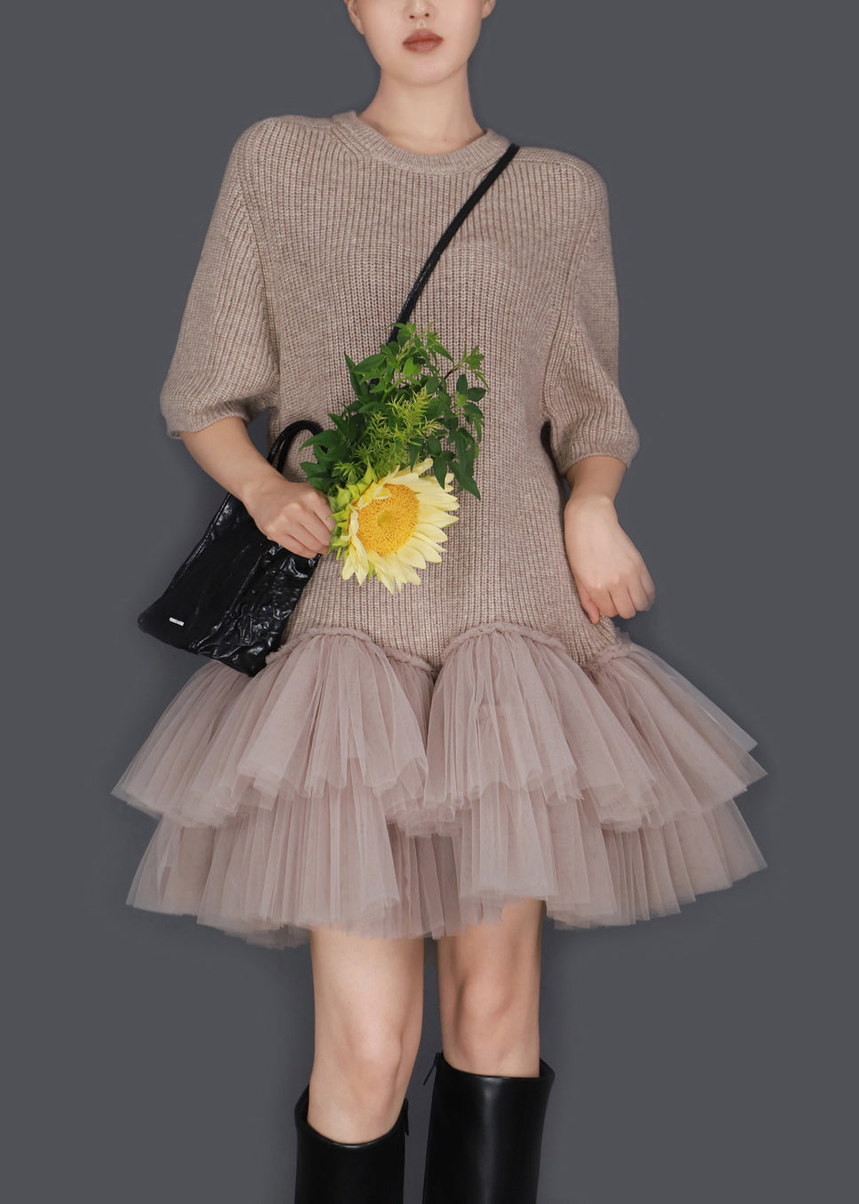Elegant Oatmeal Color O Neck Wrinkled Tulle Patchwork Knit Sweater Dress