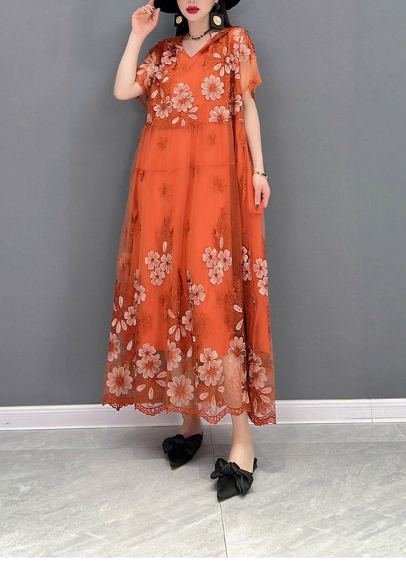 Elegant Orange V Neck Print Wrinkled Tulle Long Dresses Short Sleeve