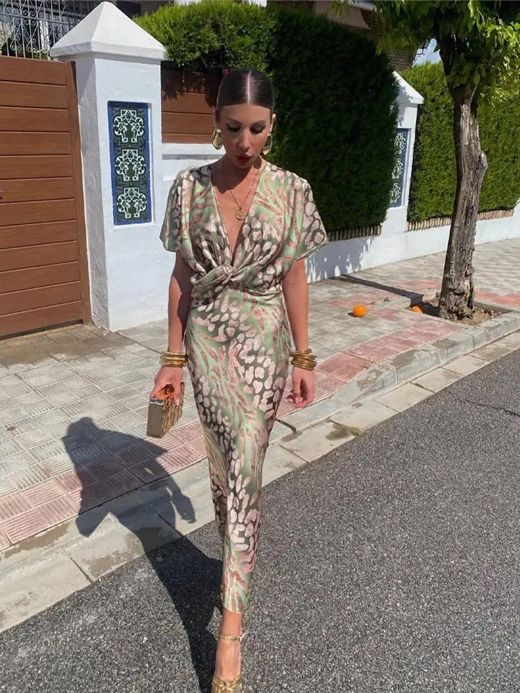 V-Neck Satin Print Short Sleeve Twist Front Bodycon Midi Dress 3
