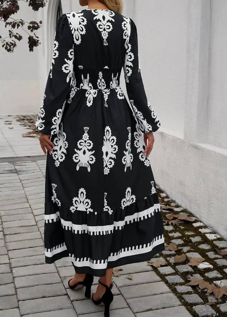 Elegant Printed V-neck A-line Boho Dress